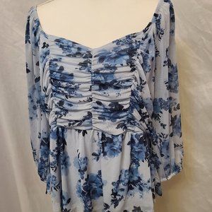 Maurices | Blue Floral Print 3/4 Sleeve Blouse | Size XL
